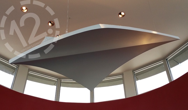 The completed airplane hanging in the Ascend FCU rotunda. 12-Point SignWorks