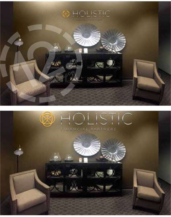 Photo proofs of the interior dimensional logo sign in difference sizes for Holistic Financial Partners. 12-Point SignWorks