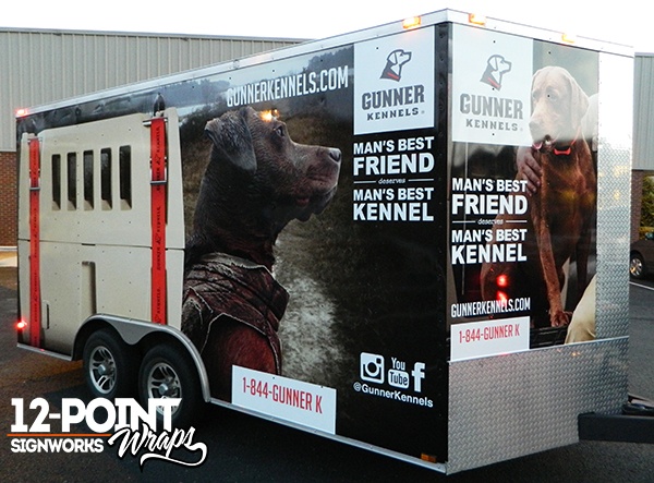 The passenger side and V-nose graphics on the Gunner Kennels trailer. 12-Point SignWorks