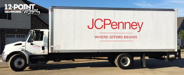 The completed box truck with the JCPenney branding graphics. 12-Point SignWorks