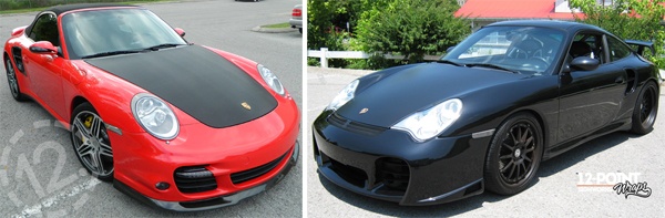 Black hood wraps on a Porsche 997 and a Porsche 911 by 12-Point SignWorks in Franklin, TN.