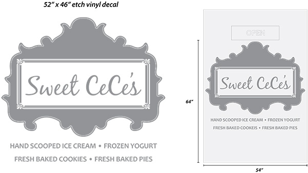 The proof version for the new window graphics for Sweet CeCe's in Franklin, TN. 12-Point SignWorks