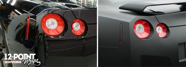 The rear of the Nissan GT-R showing a before and after photo. 12-Point SignWorks