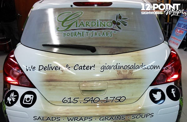 The rear of the Giardino Gourmet Salad advertising wrap, showing the perforated window vinyl. 12-Point SignWorks