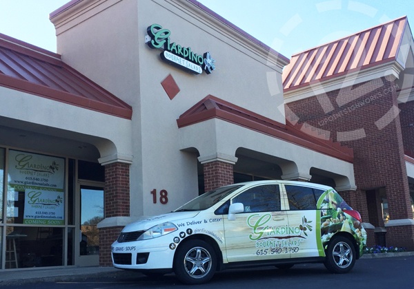 The exterior channel letter sign and full advertising wrap for Giardino Gourmet Salads in Brentwood, TN. 12-Point SignWorks